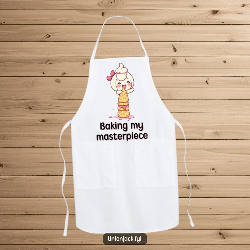 Funny Apron: Character giggling while balancing a tower of scones, perfect for bakers who want to protect their clothes with humor.