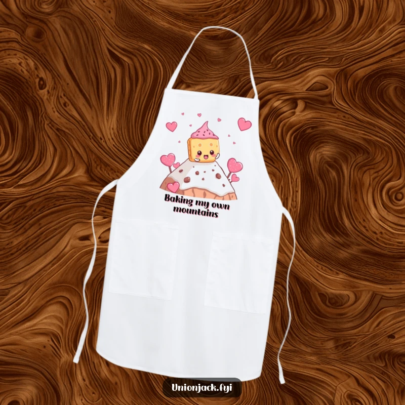 Funny biscuit apron showing a determined character comically climbing a teacake mountain, for humorous cooking.