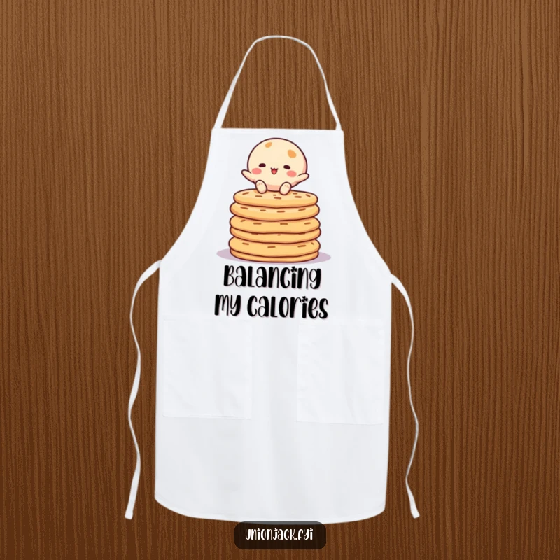 Funny apron showcasing a character expertly balancing on a stack of crumpets while cooking. A humorous kitchen essential.