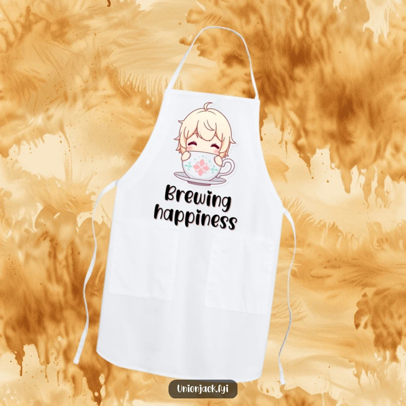 Funny apron with a content character holding a tea cup, great for kitchen use.