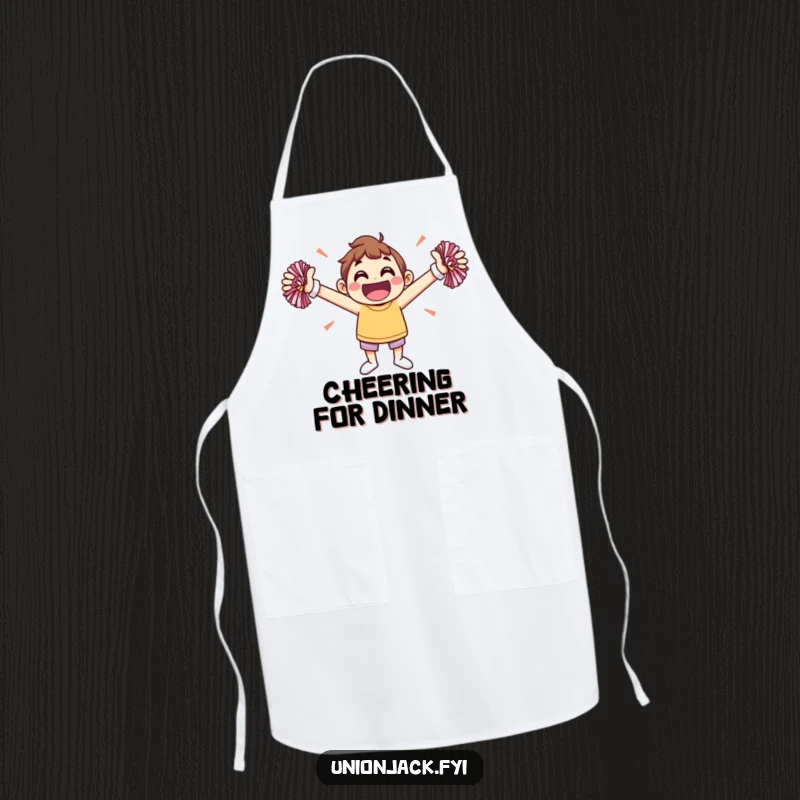 Funny apron showing a jovial character energetically cheering with pom-poms, adding humor to cooking tasks.