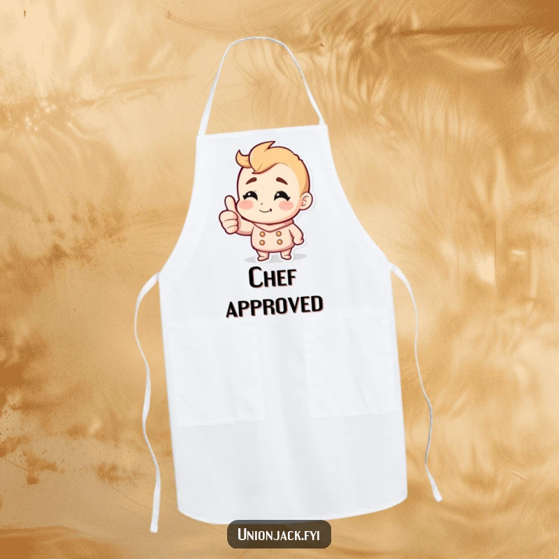 Funny apron illustrating a character giving a thumbs up with a cheeky grin, ideal for kitchen protection and humor.