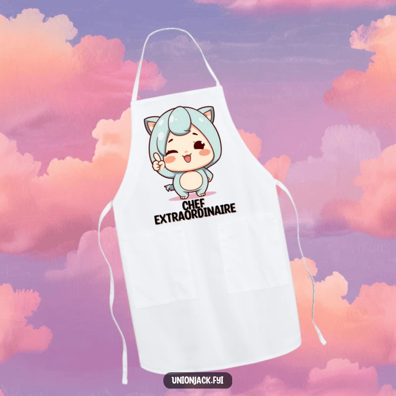 Funny Apron: Cute character winking and nodding proudly in the kitchen, adding humor and style to cooking attire.