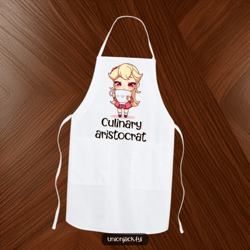 Funny apron showing a character holding a teacup with an exaggeratedly sophisticated pose, bringing refined humor to kitchen tasks.