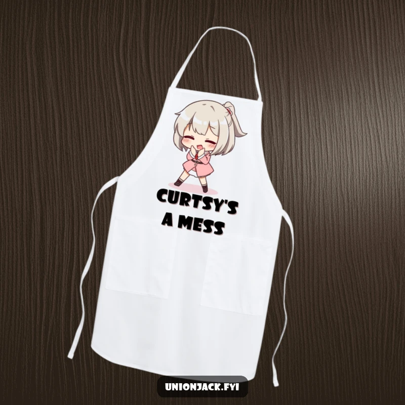 Funny apron with a character comically tripping while attempting a posh curtsey, adding elegant humor and a touch of refined comedy to cooking.