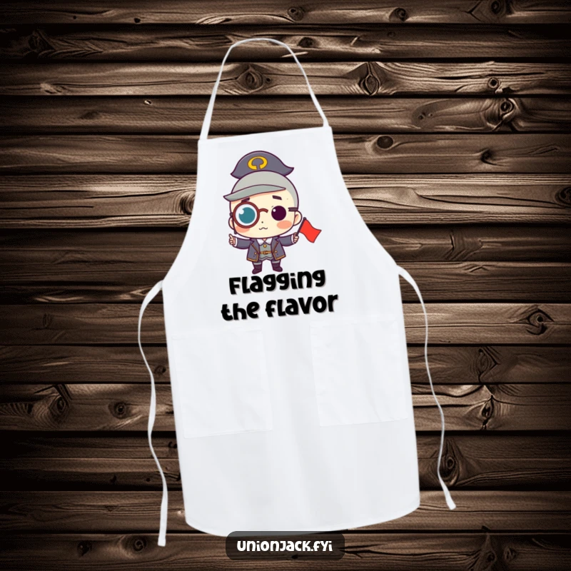 Funny apron with a character wearing a monocle, proudly holding a small flag, adding sophisticated style and a touch of humor to cooking.