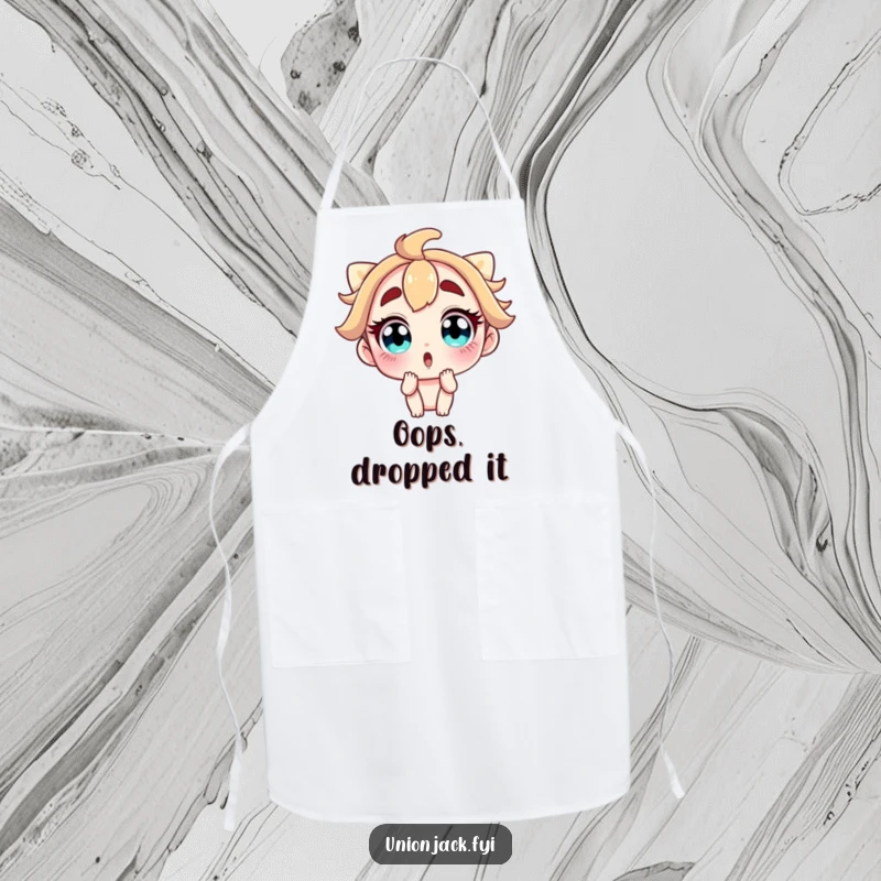 Funny apron with a character sporting wide, surprised eyes and raised eyebrows, adding a humorous touch to kitchen activities.
