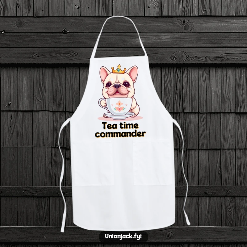 Funny bulldog apron depicts a cheerful bulldog in a crown, attempting to balance a teacup, a witty kitchen accessory for cooking.