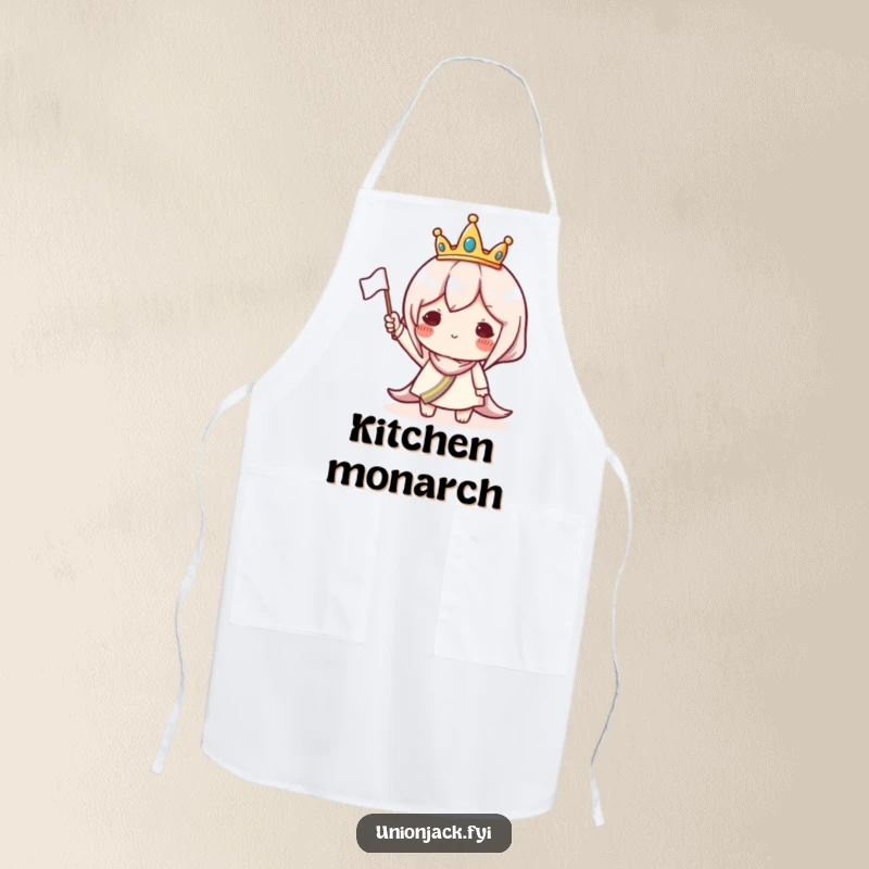Funny apron showing a character in a small crown waving a flag, a humorous and practical kitchen accessory.