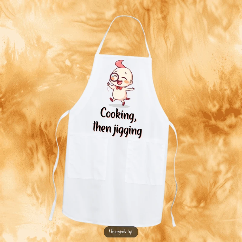 Funny apron featuring a character joyfully doing a little jig with a monocle, adding humor to kitchen activities.