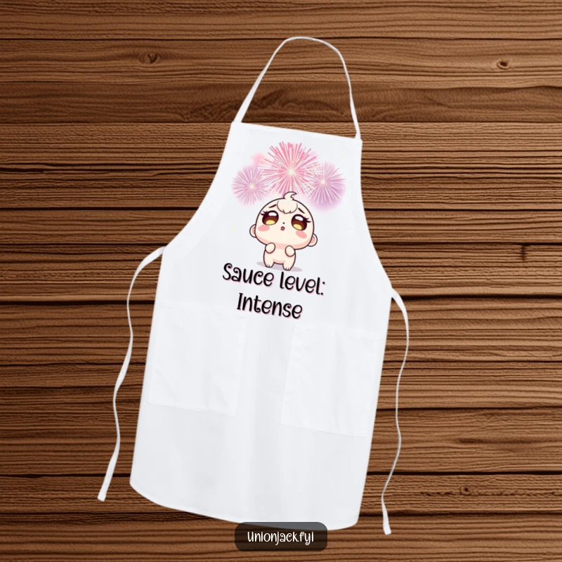 Funny apron with a wide-eyed character looking up in delight at fireworks while cooking, adding a humorous touch to kitchen duties.