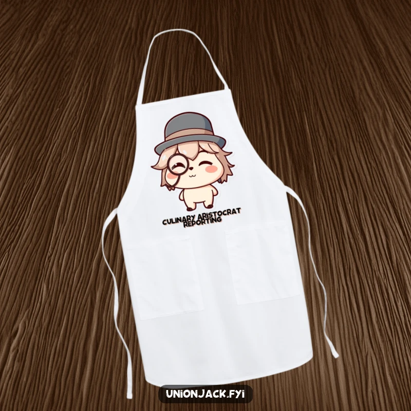 Funny apron showing a character in a bowler hat and monocle, giving a charming wink, ready for kitchen duties.