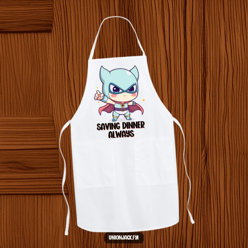 Funny apron depicting a cute character in a brave, heroic cooking pose, adding humor to the kitchen.