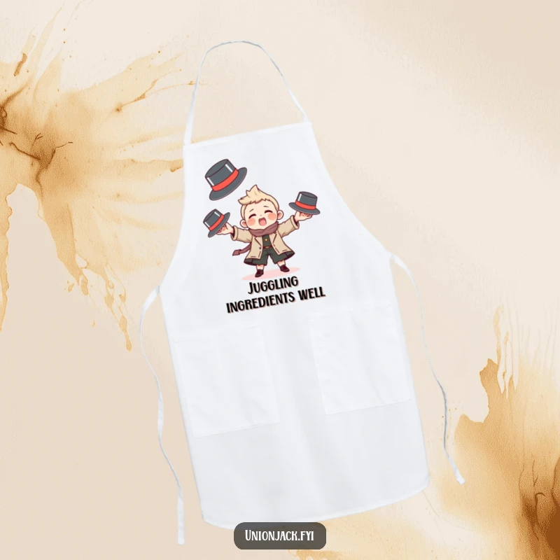 Funny apron with a character playfully juggling tiny bowler hats, perfect for humorous kitchen activities.