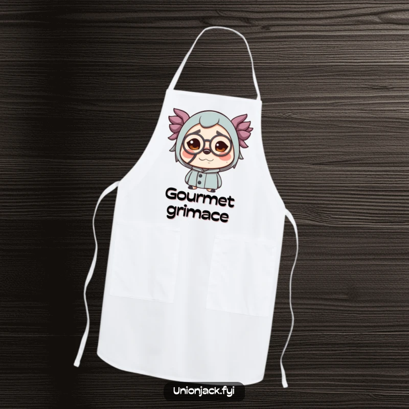 Funny apron showcasing a character making a funny face while wearing a monocle. A humorous and practical kitchen essential.