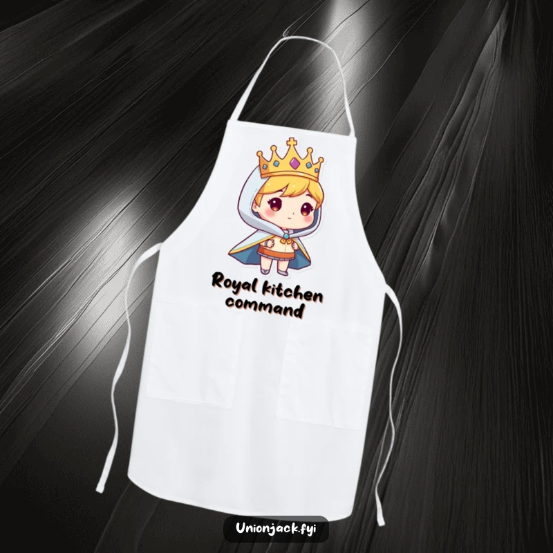 Funny apron with a character looking regal in a crown and cape, perfect for humorous kitchen duties.