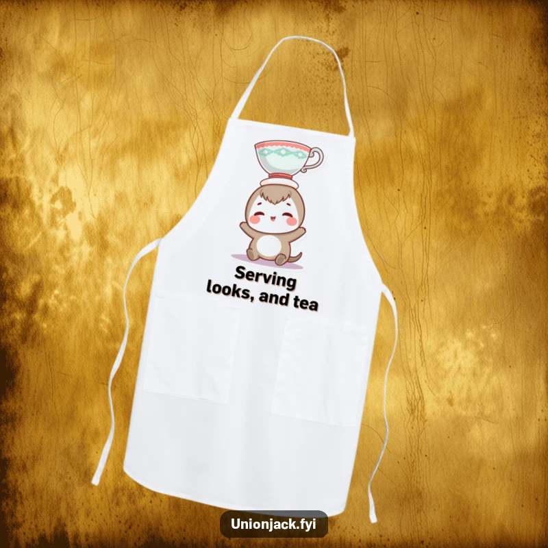 Funny apron depicting a smiling character humorously balancing a teacup on its head while cooking, perfect for kitchen fun.
