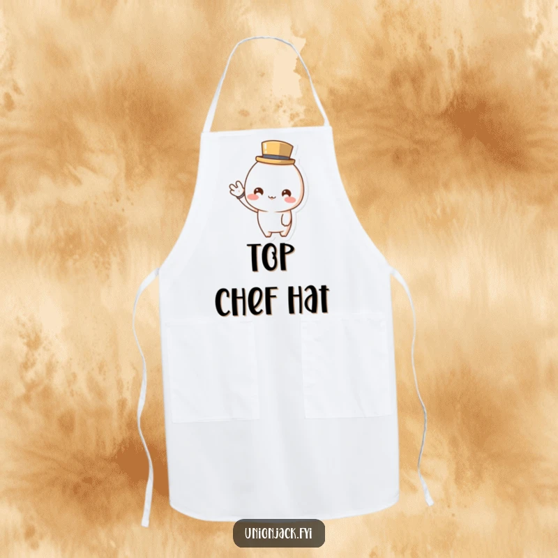Funny apron with a cute character in a tiny top hat, cheerfully waving, adding dapper charm and a friendly vibe to kitchen tasks.
