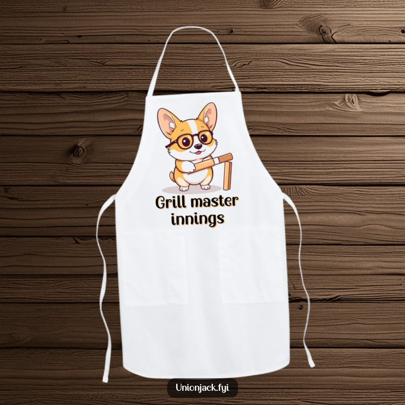 Funny corgi apron depicts a determined corgi wearing a monocle, holding a cricket bat, a witty kitchen accessory for chefs.