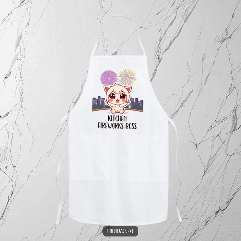 Funny apron with a cute character with wide, excited eyes watching a fireworks display, bringing fun to cooking.