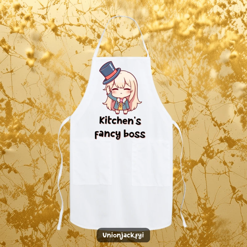 Funny apron showing a character comically adjusting a tiny top hat and winking, bringing dapper humor to kitchen tasks.