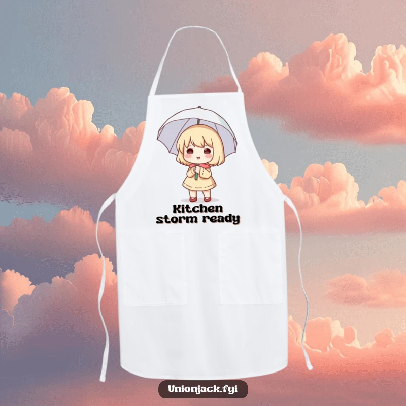 Funny apron with a cute character happily holding a small umbrella open, despite no rain, bringing humor to cooking.