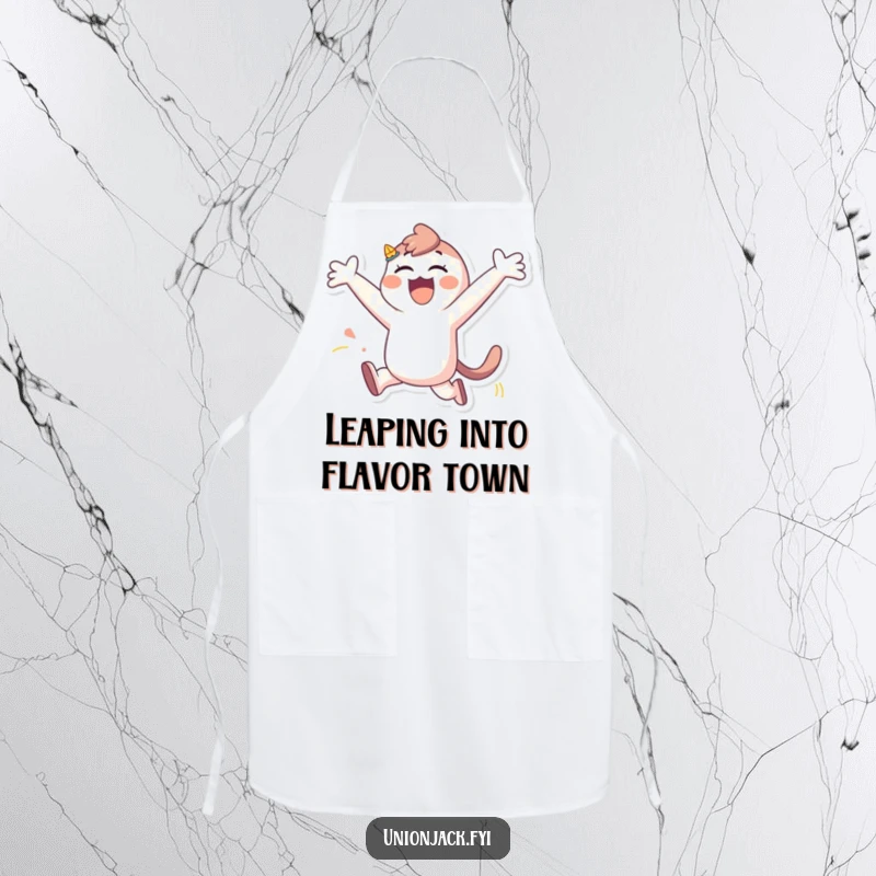 Funny apron showing a character in a playful leap, arms spread wide, ready to cook up some fun in the kitchen.