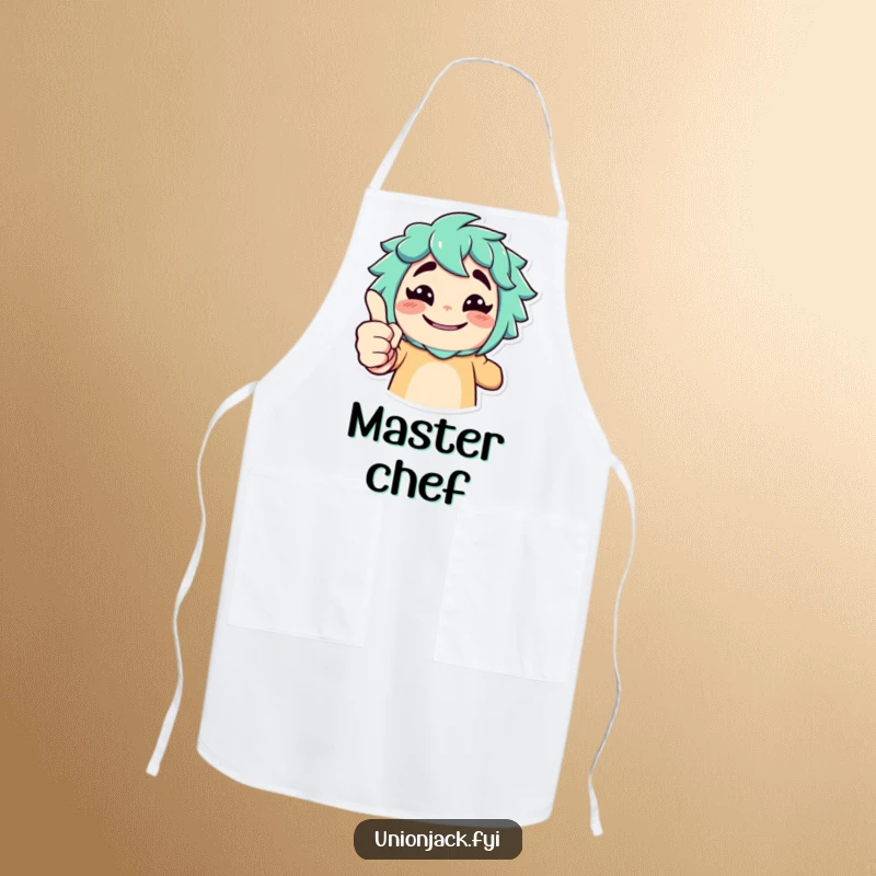 Funny apron with a character giving an exaggerated thumbs up and a cheeky grin, a humorous cooking accessory.