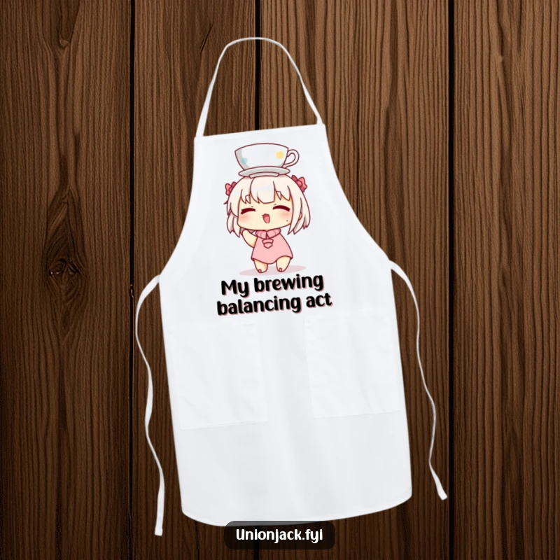 Funny apron with a winking character balancing a teacup on their head, adding a humorous and practical touch to kitchen activities.