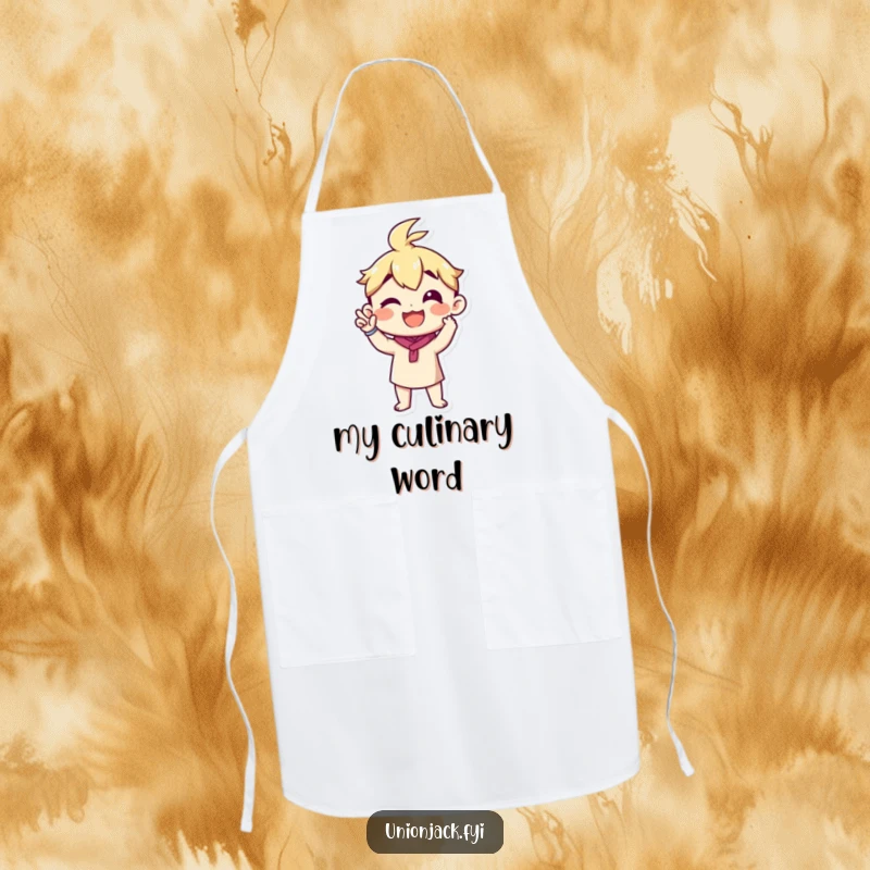 Funny apron with a character making a proud announcement gesture, a humorous culinary accessory.
