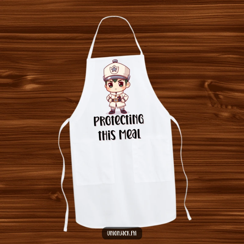 Funny apron with a character adopting a comically stiff guard stance, making kitchen tasks more amusing and lighthearted.