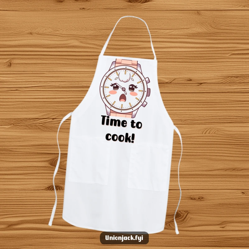 Funny apron showing a surprised character, raised eyebrows, looking with admiration at a large watch face, perfect for kitchen intrigue and humor.