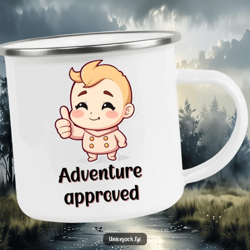 Funny camping mug featuring a character giving a thumbs up and a cheeky grin, perfect for outdoor drinks and positive vibes.