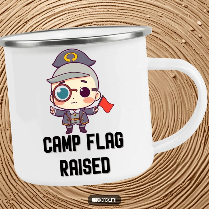 Funny camping mug with a character wearing a monocle, proudly holding a small flag, perfect for outdoor enjoyment with a touch of sophisticated wit.