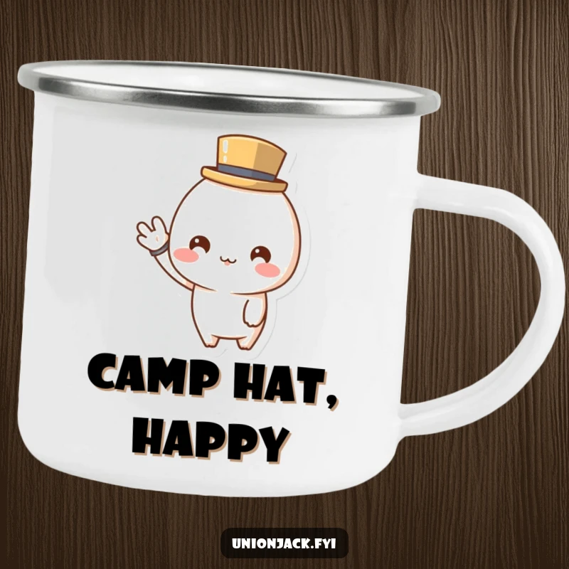 Funny camping mug with a cute character in a tiny top hat, cheerfully waving, perfect for outdoor enjoyment with a touch of dapper style.