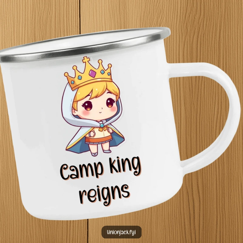 Funny camping mug with a character looking regal in a crown and cape, perfect for humorous outdoor drinks.