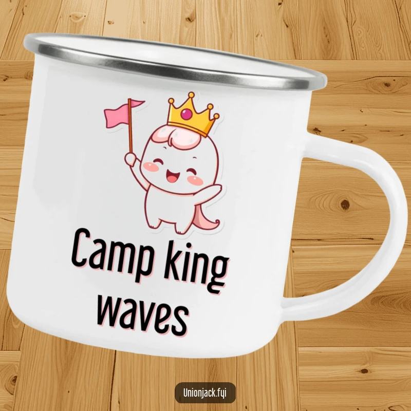 Funny Camping Mug: Cheerful character wearing a crown joyfully waves a flag, bringing regal cheer to the outdoors.