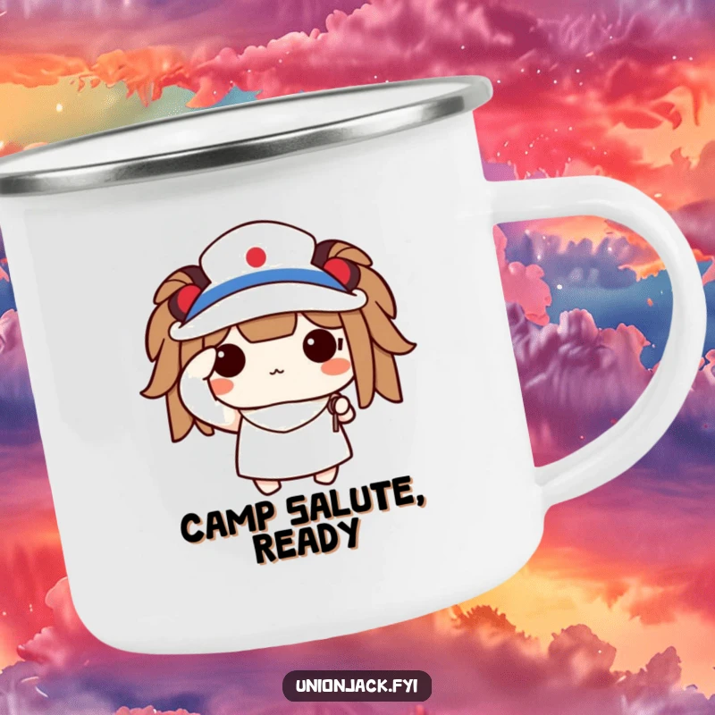 Funny camping mug with a cute character saluting proudly while holding a tiny flag, perfect for patriotic outdoor sips.