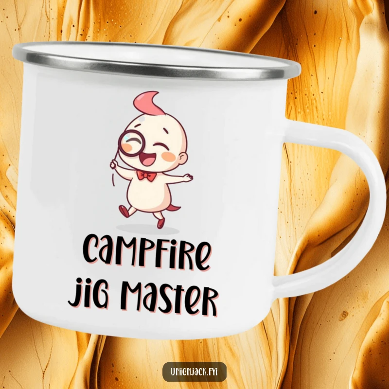 Funny camping mug with a character joyfully doing a little jig with a monocle, designed for stylish outdoor enjoyment.