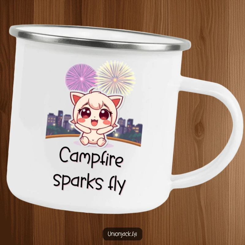 Funny camping mug with a cute character with wide, excited eyes watching a fireworks display, perfect for outdoor fun.