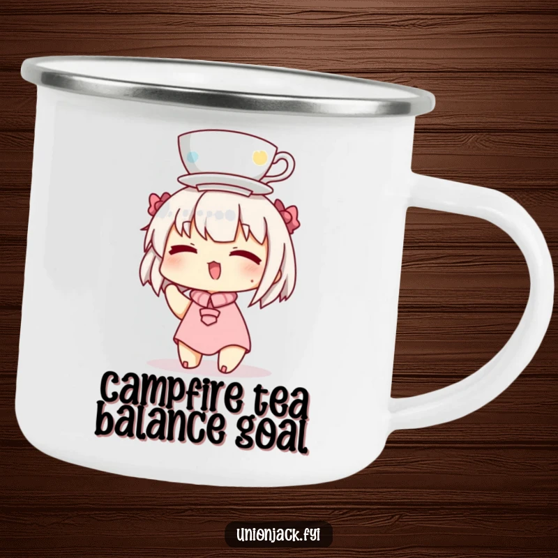 Funny camping mug showing a winking character balancing a teacup on their head, designed for outdoor enthusiasts who love a good laugh.