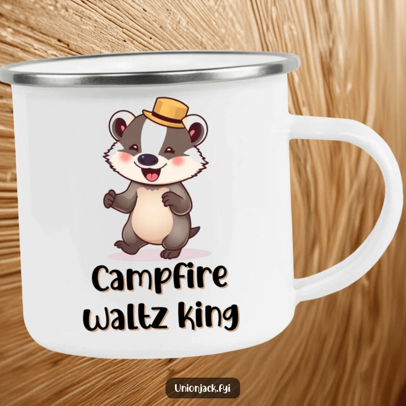 Funny badger camping mug features a delighted badger in a bowler hat, attempting to waltz, ideal for outdoor fun and humor.
