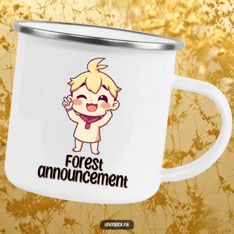 Funny camping mug with a character making a proud announcement gesture, humorous outdoor gear.