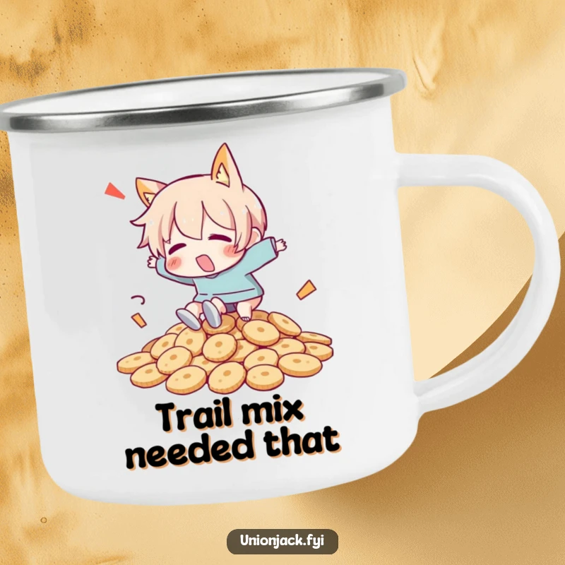 Funny camping mug with a character comically tripping over a pile of biscuits, designed for outdoor humor and drinks.