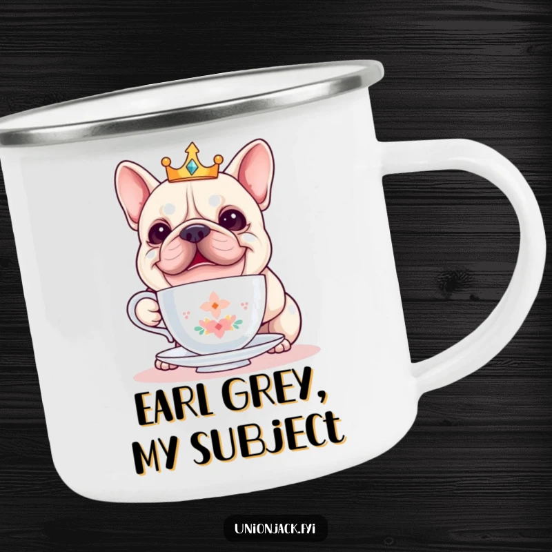 Funny bulldog camping mug shows a cheerful bulldog in a crown, balancing a teacup, ideal for outdoor enthusiasts who love humor.