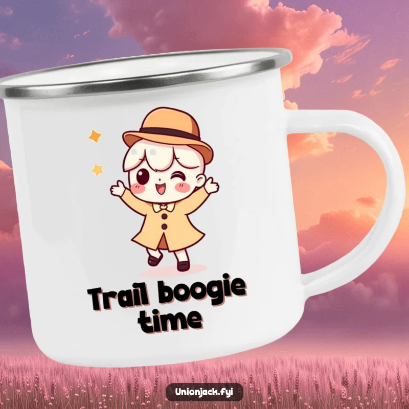 Funny camping mug featuring a character doing a silly dance while wearing a bowler hat, ideal for enjoying drinks outdoors.
