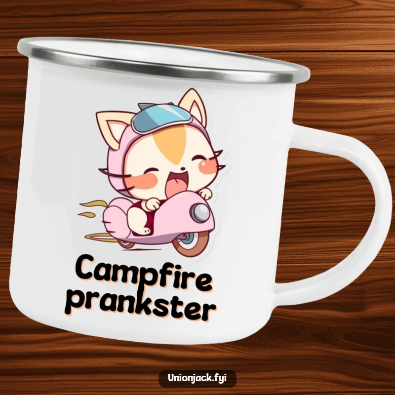 Funny camping mug with a character sticking its tongue out playfully from beneath a bowler hat, designed for outdoor amusement.