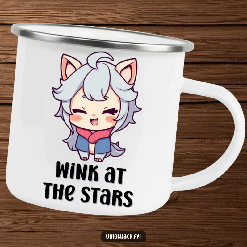 Funny camping mug with a character sporting a playful smirk and giving a cheeky wink, perfect for outdoor excursions.