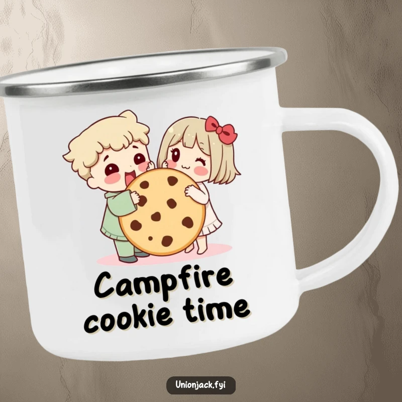 Funny camping mug shows characters sharing a giant cookie, representing humorous friendship and the joy of shared treats around the campfire.