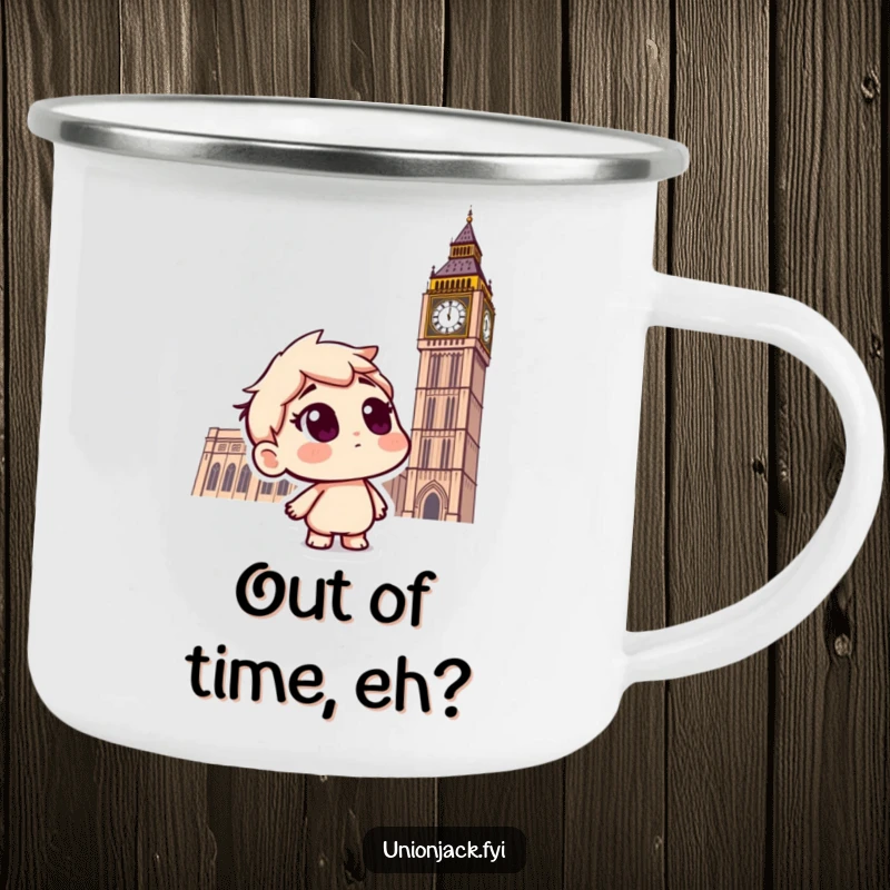 Funny camping mug with a curious character looking up at Big Ben, ready for London adventures.